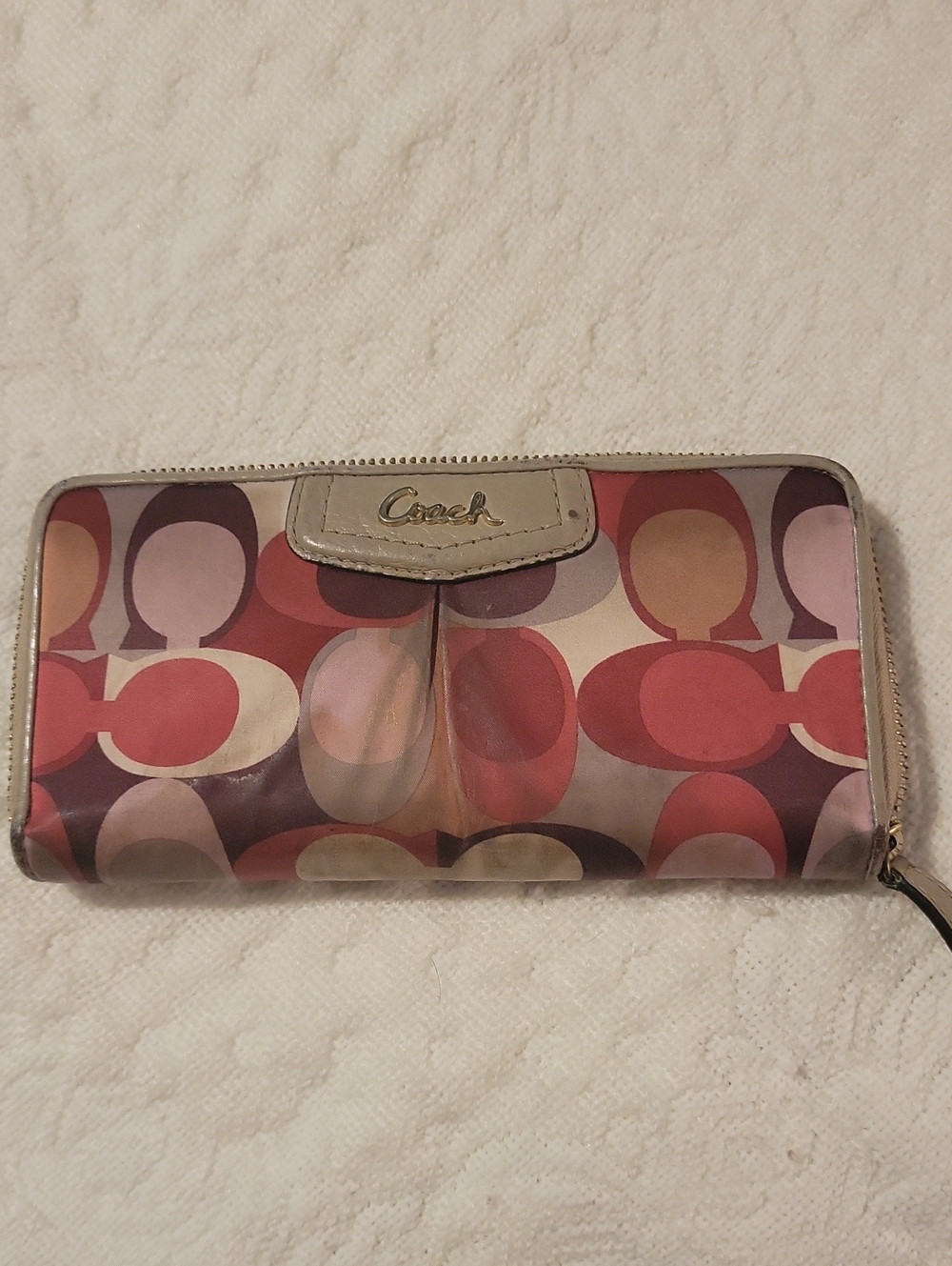 COACH Multi-Color Signature Zip Wallet in Pink, Red, Cream